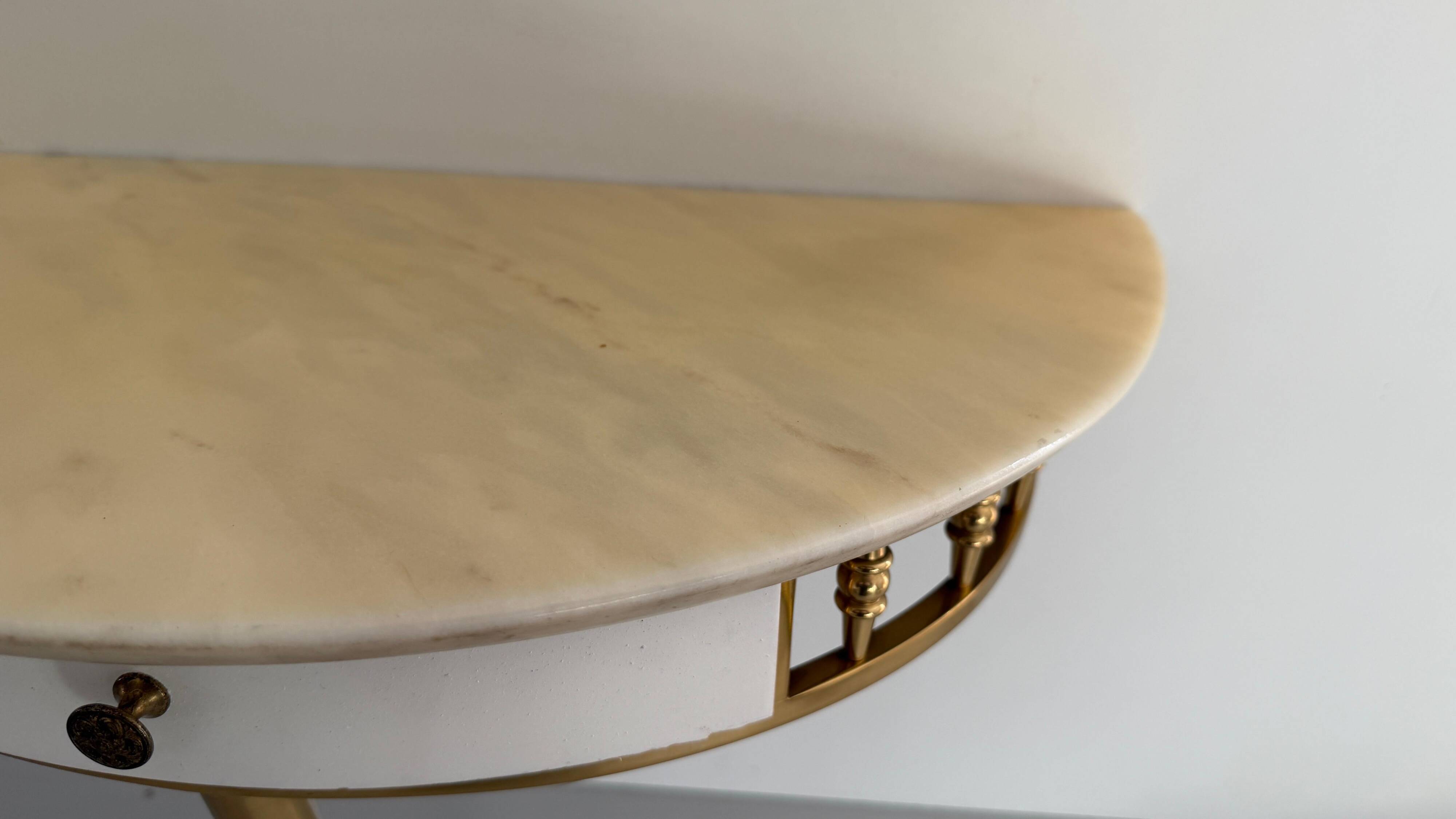 Floating wall console with drawer, brass body and marble top, 1960s, Italy
