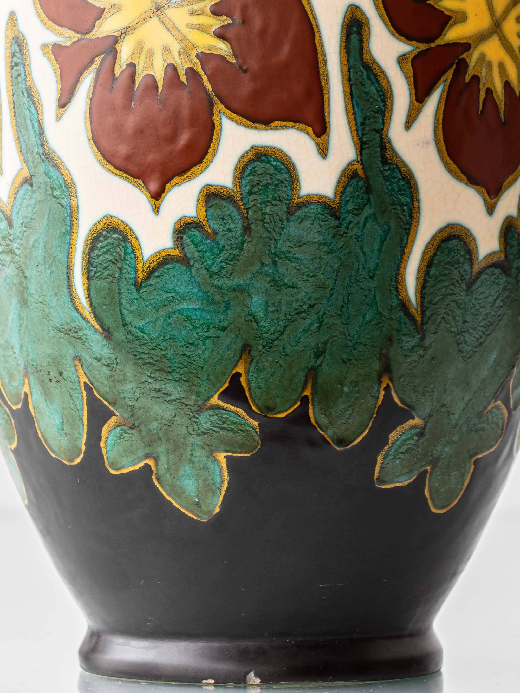 Gouda Pottery Table Lamps, Pair, Dutch Art Deco Floral, New Silk Shades