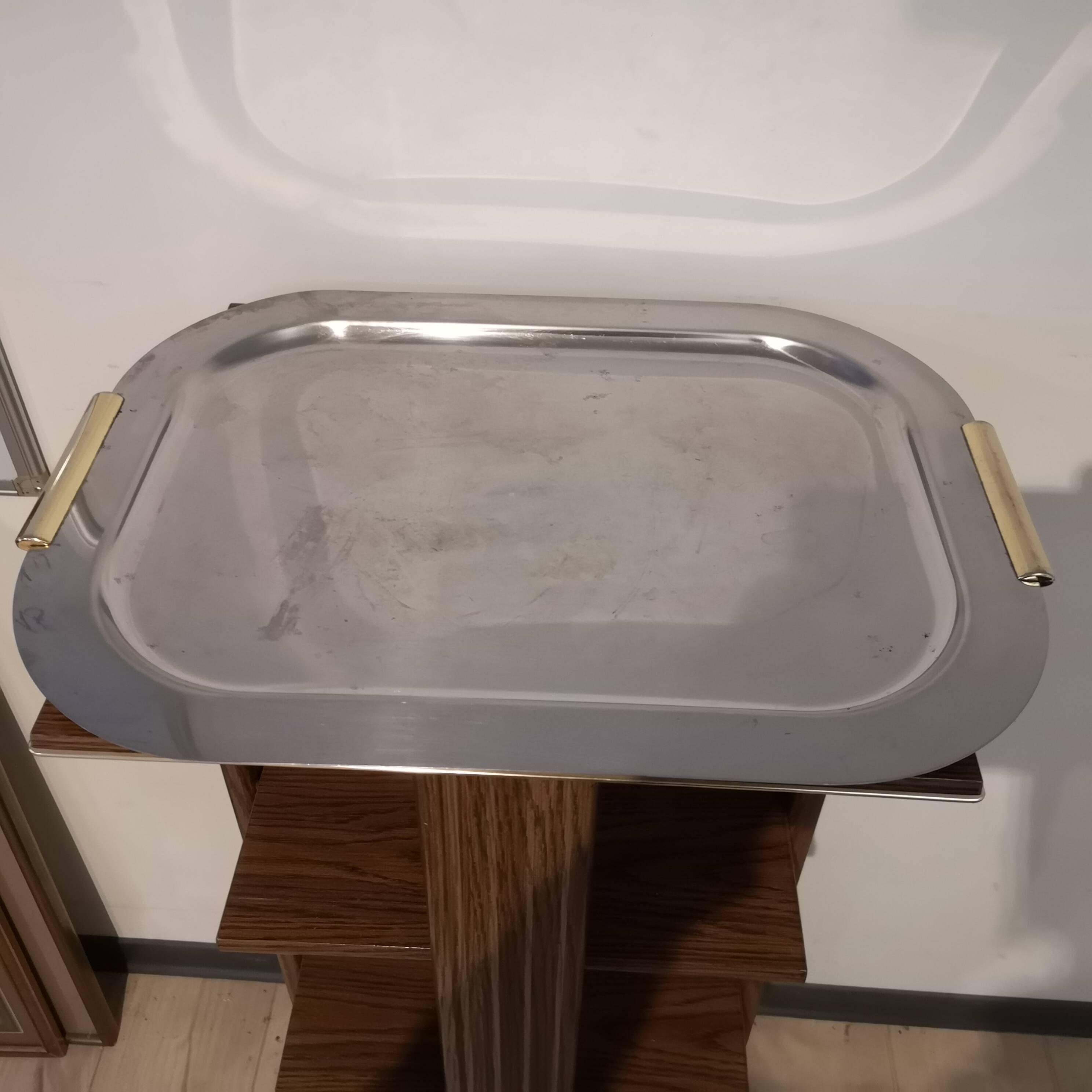 old large silver tray with gold metal handle Italian vintage 1970 1980