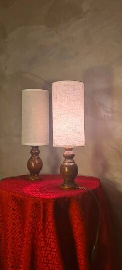 Pair of Scandinavian wooden lamps with linen shades 40x12 electric ok