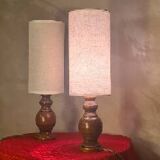 Pair of Scandinavian wooden lamps with linen shades 40x12 electric ok