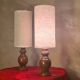 Pair of Scandinavian wooden lamps with linen shades 40x12 electric ok