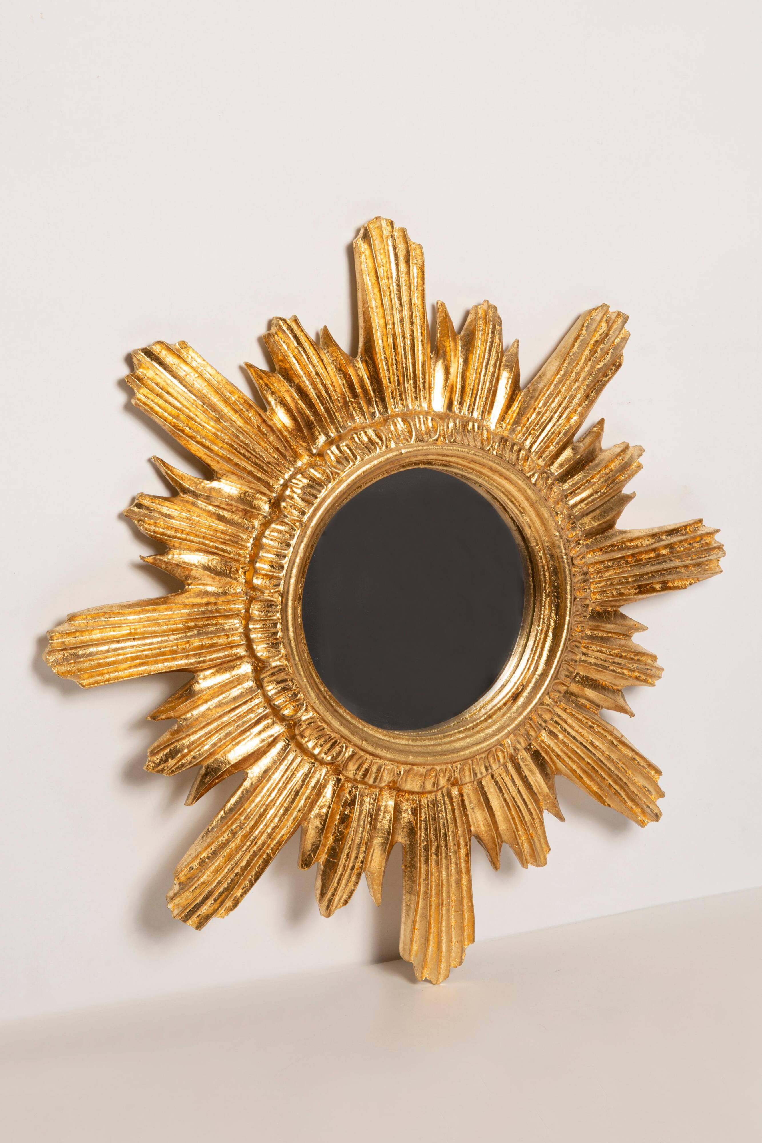 Miroir vintage soleil doré italien, bois doré, années 1960