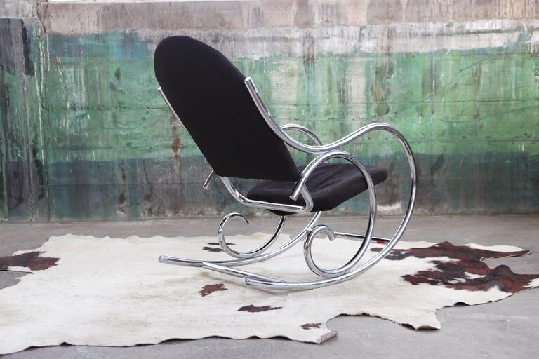 1970s chrome and black velvet sculptural rocking chair