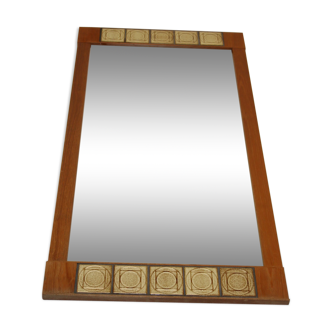 Large elongated mirror with tiles and teak wood 54x103cm