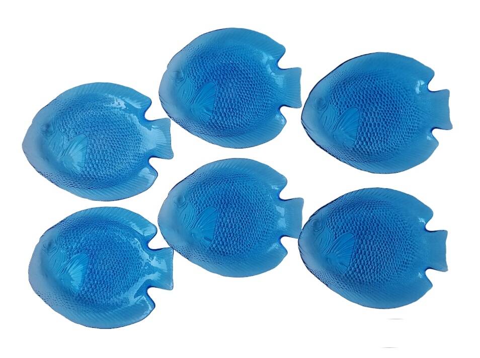 6 blue fish zoomorphic glass plates