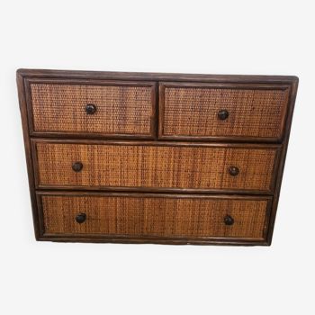 Rattan and solid wood chest of drawers