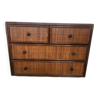 Rattan and solid wood chest of drawers