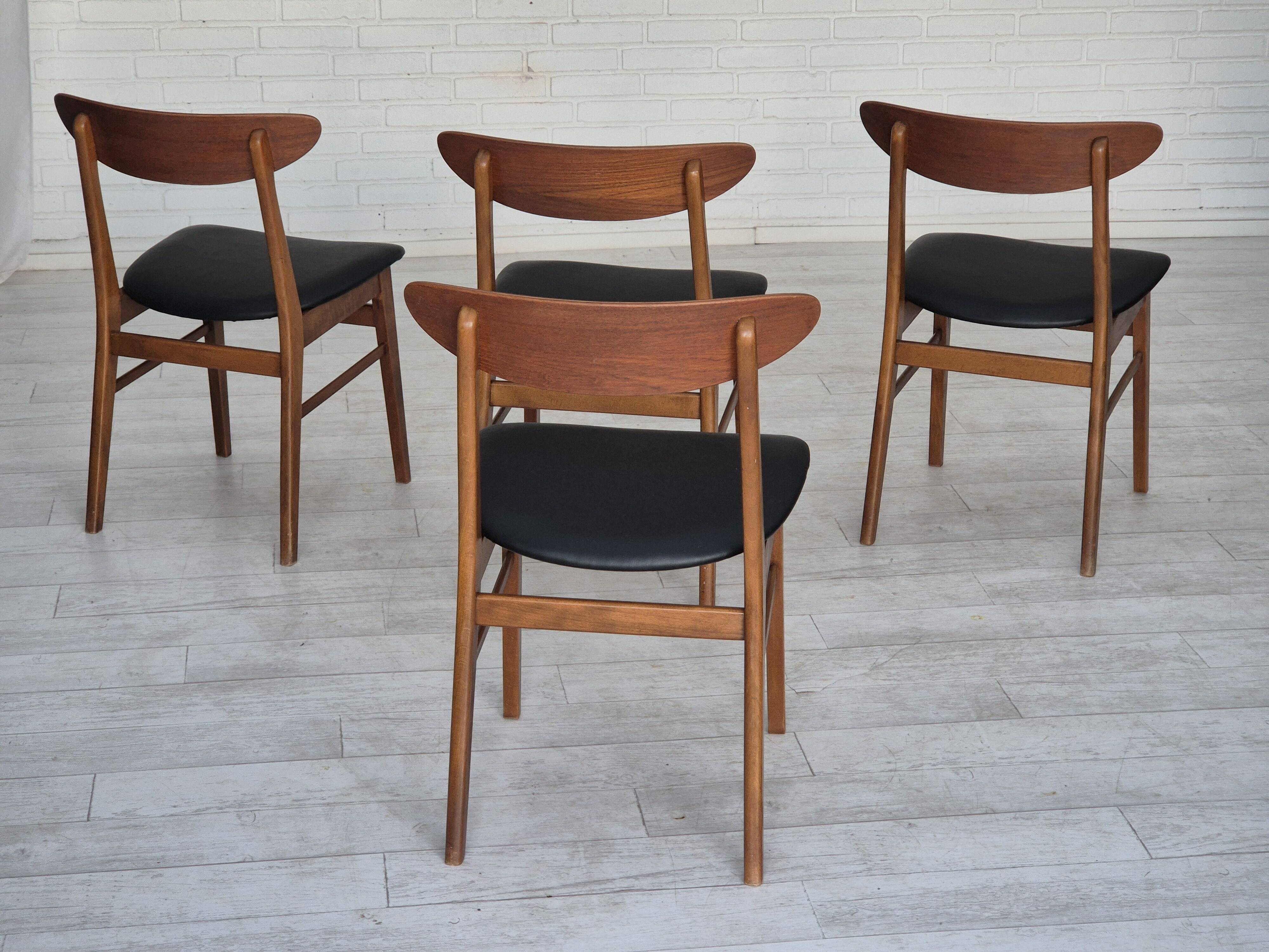 1960s, set of 4 Danish dining chairs by Farstrup, bent teak wood, reupholstered.