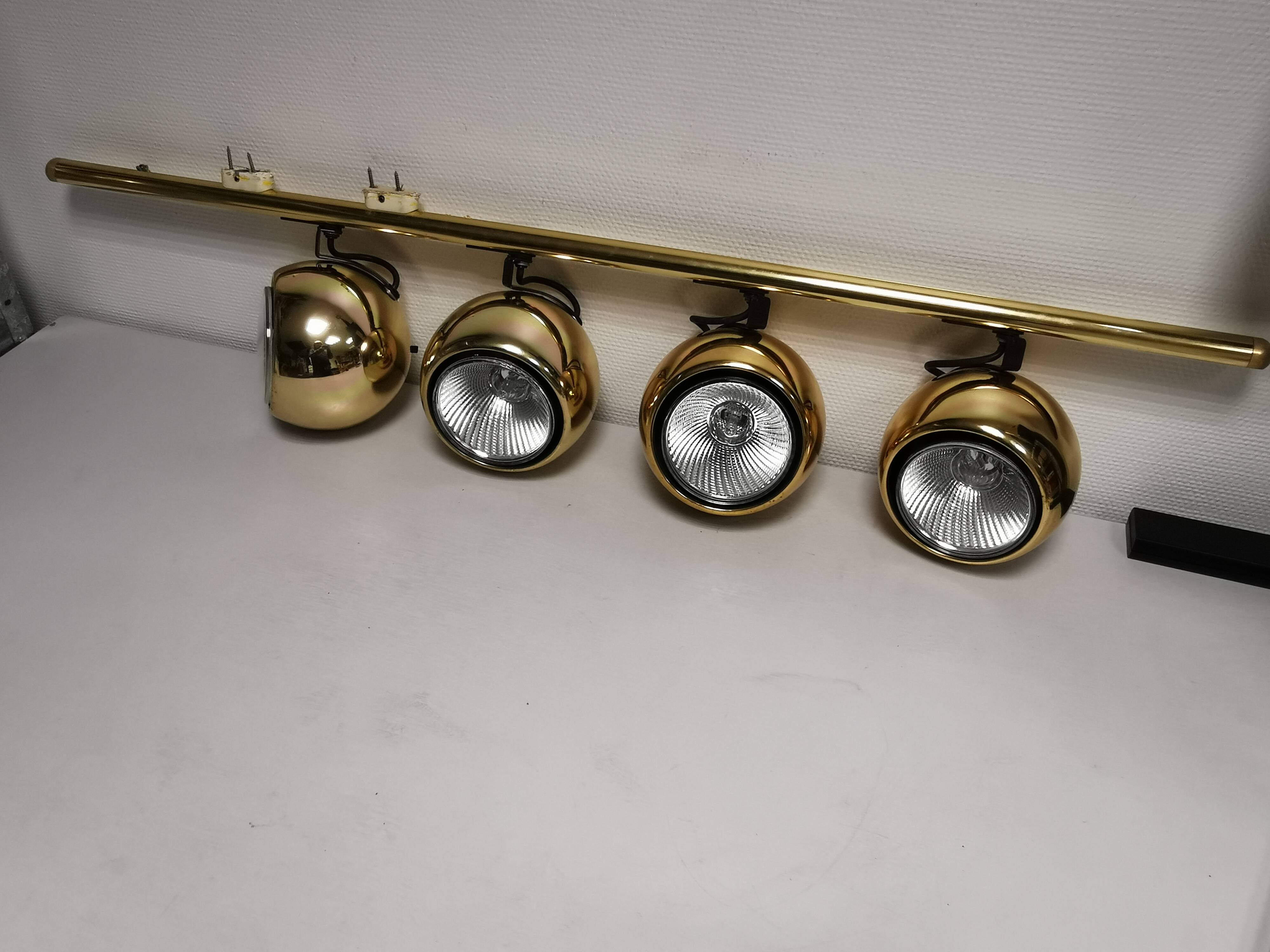 4 large golden ball spots, space age 60 70's. concord wall light on rails