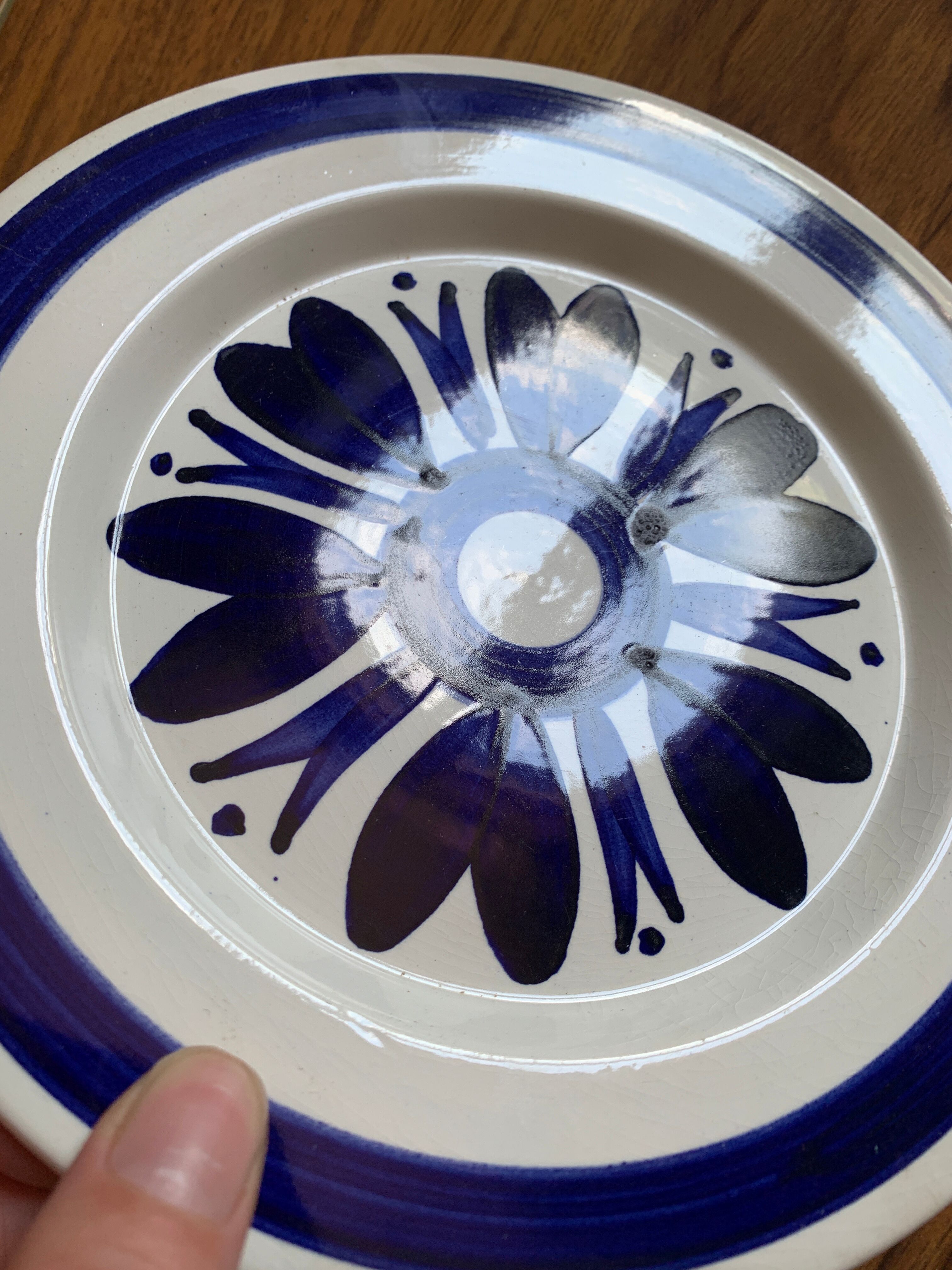 6 white vintage plates with blue flowers