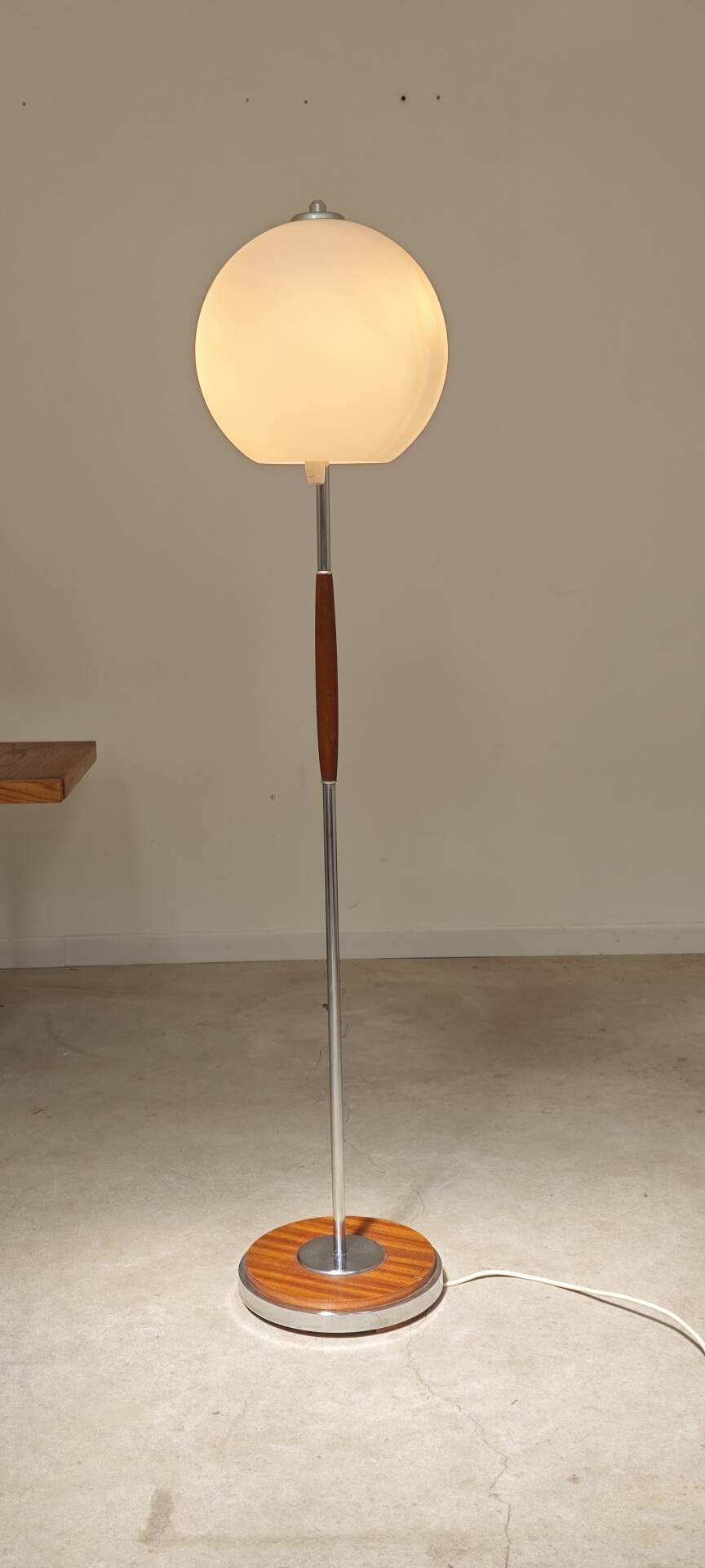 Modernist floor lamp in teak, chrome metal, opaline, Czechoslovakia 60s