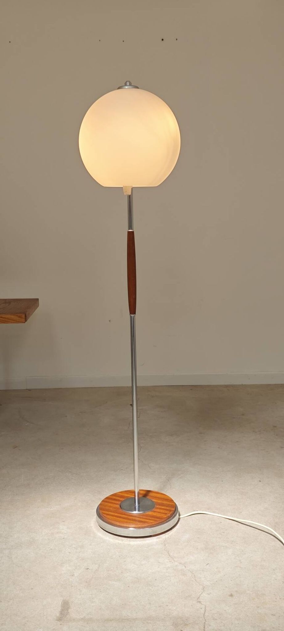 Modernist floor lamp in teak, chrome metal, opaline, Czechoslovakia 60s