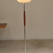 Modernist floor lamp in teak, chrome metal, opaline, Czechoslovakia 60s