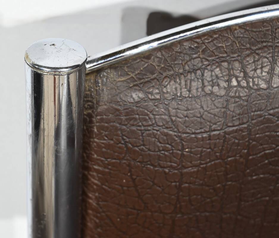 Suite of 3 Leather and Chrome Metal Chairs, attributed to Collomb Creation – 1970