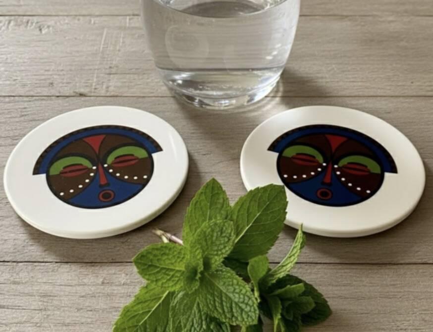 Lot of 6 ethnic ceramic coasters with tribal masks.