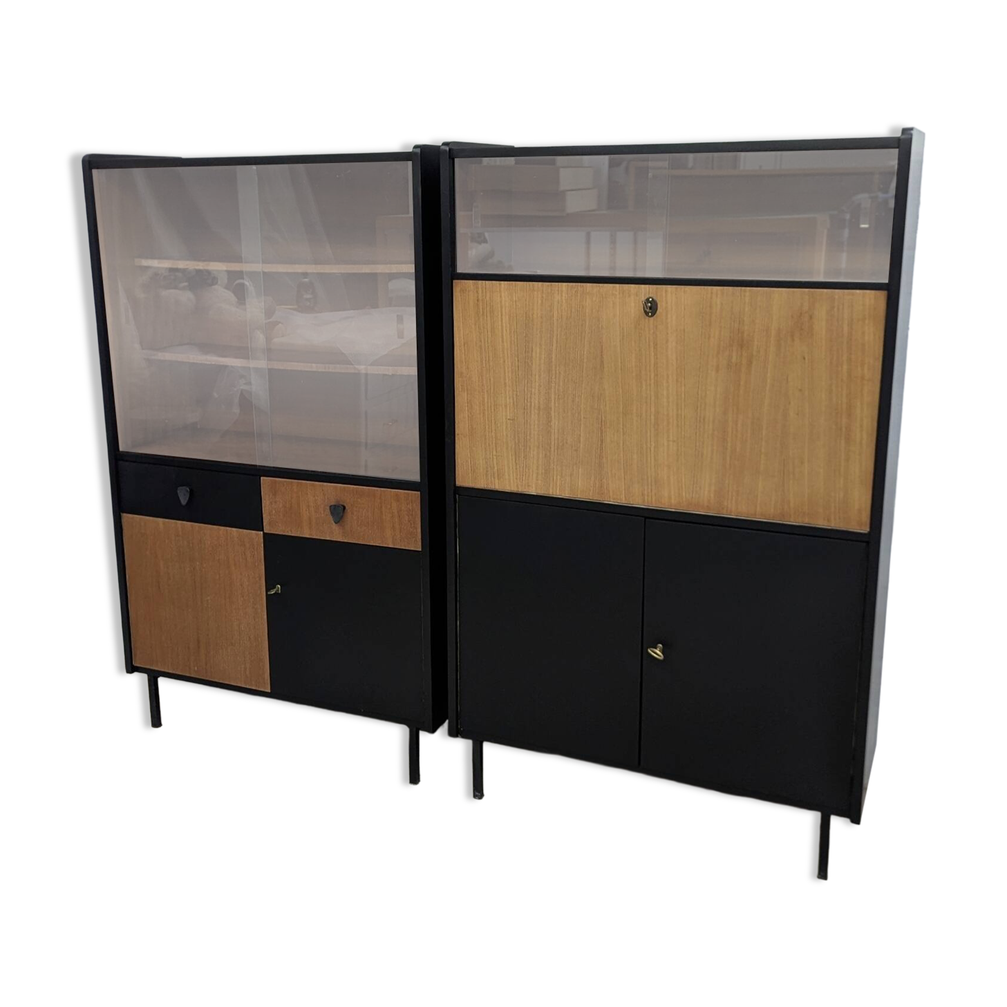 Vintage 1960s Secretary and Display Cabinet Set with Compass Design Legs