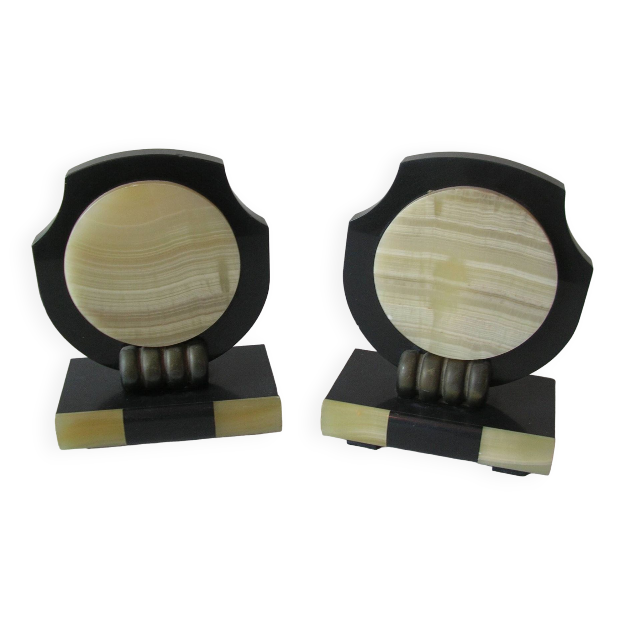 Old pair of cassolette bookends in Art Deco marble office living room vintage retro