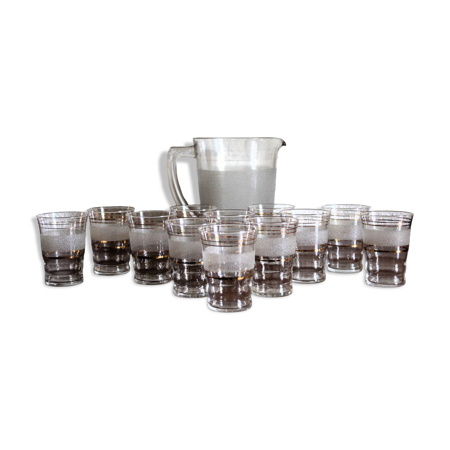 Set of 12 vintage 1950s granita glasses and pitcher
