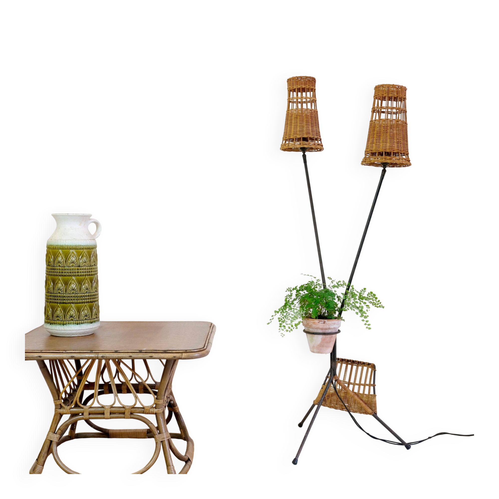 Lampadaire à deux feux en métal et osier des années 50-60.