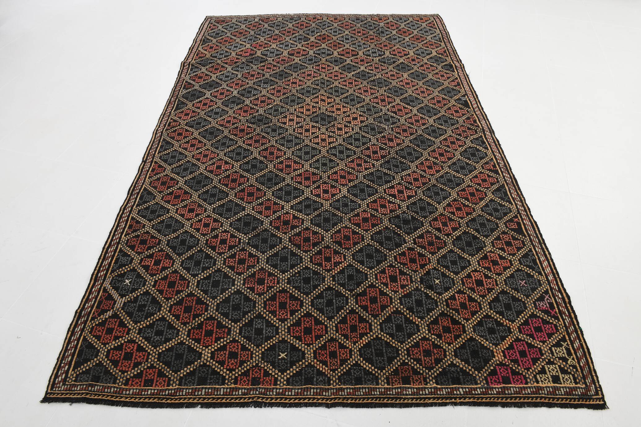 6x9 Pale Red & Yellow Geoemtric Kilim Rug, Handwoven Wool Antique Carpet