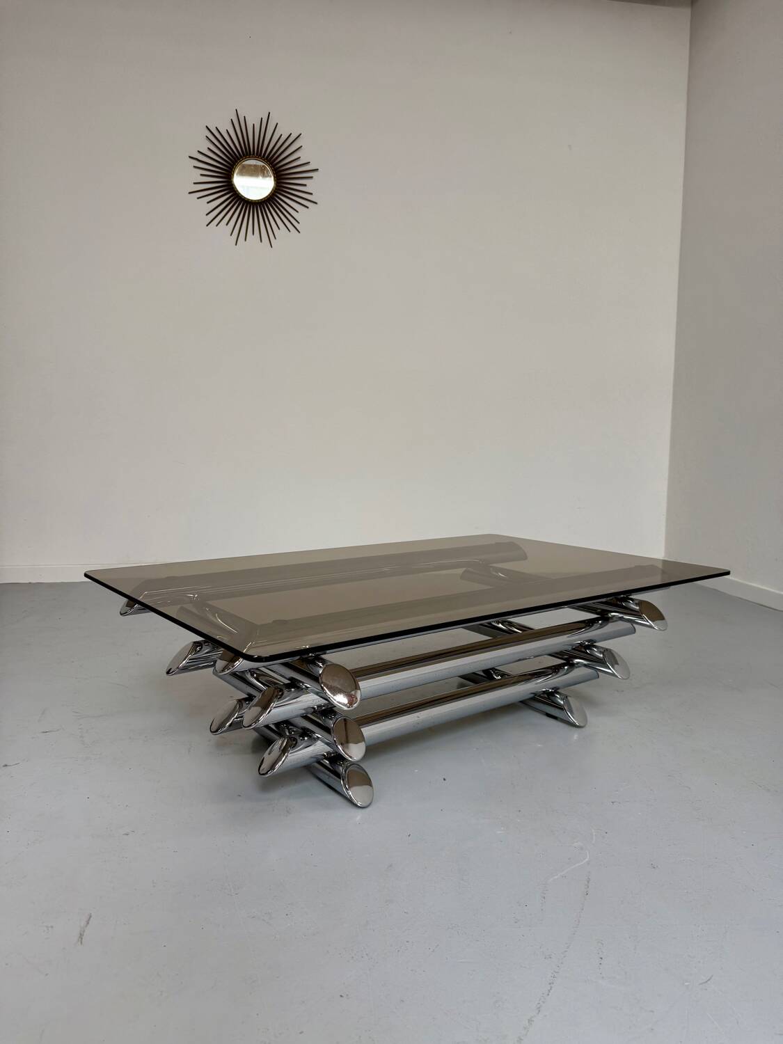 Space coffee table from the 70s, tubular metal and glass, Italian design