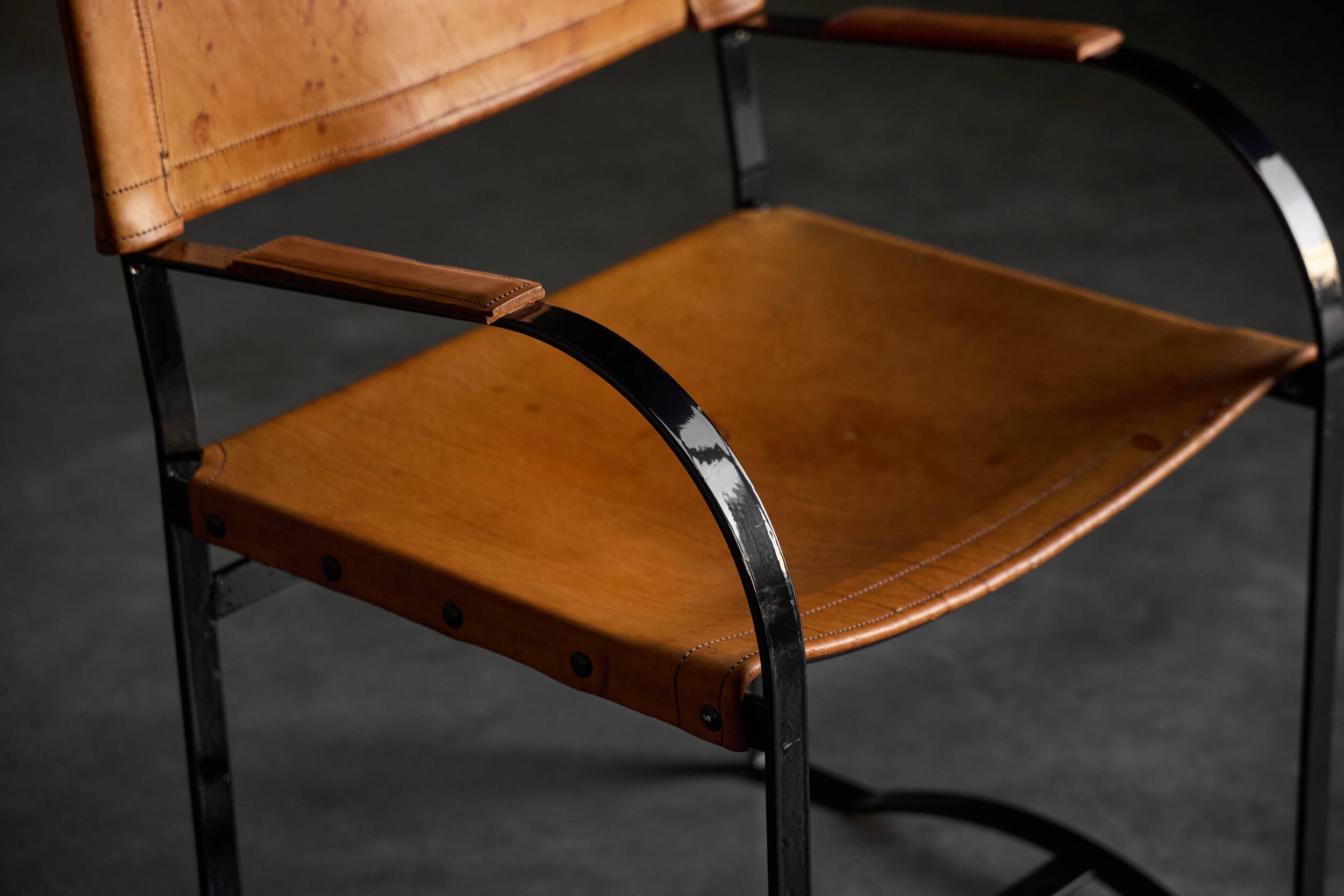 Cognac Leather Armchair, Black Lacquer Steel Frame, Belgium, 1960s