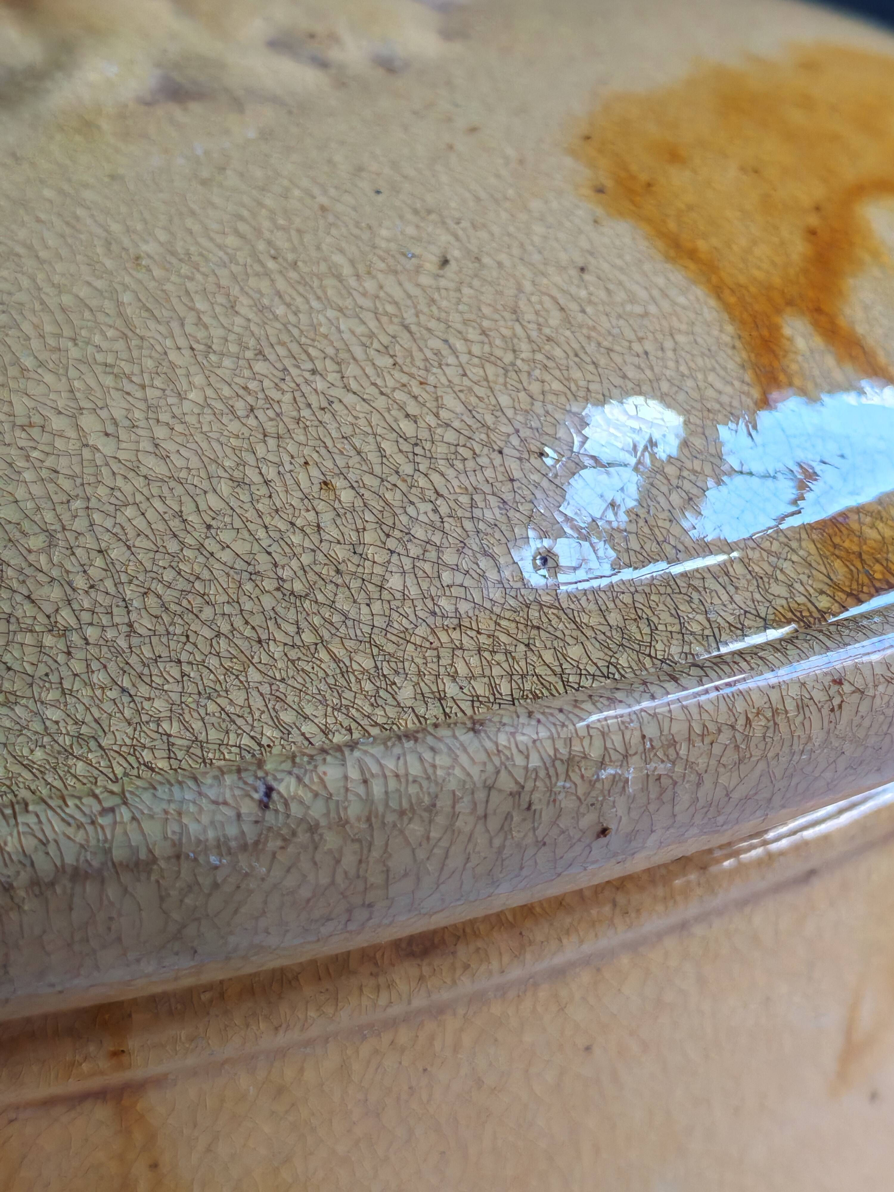 Old yellow ochre glazed terracotta terrine | Rustic pottery