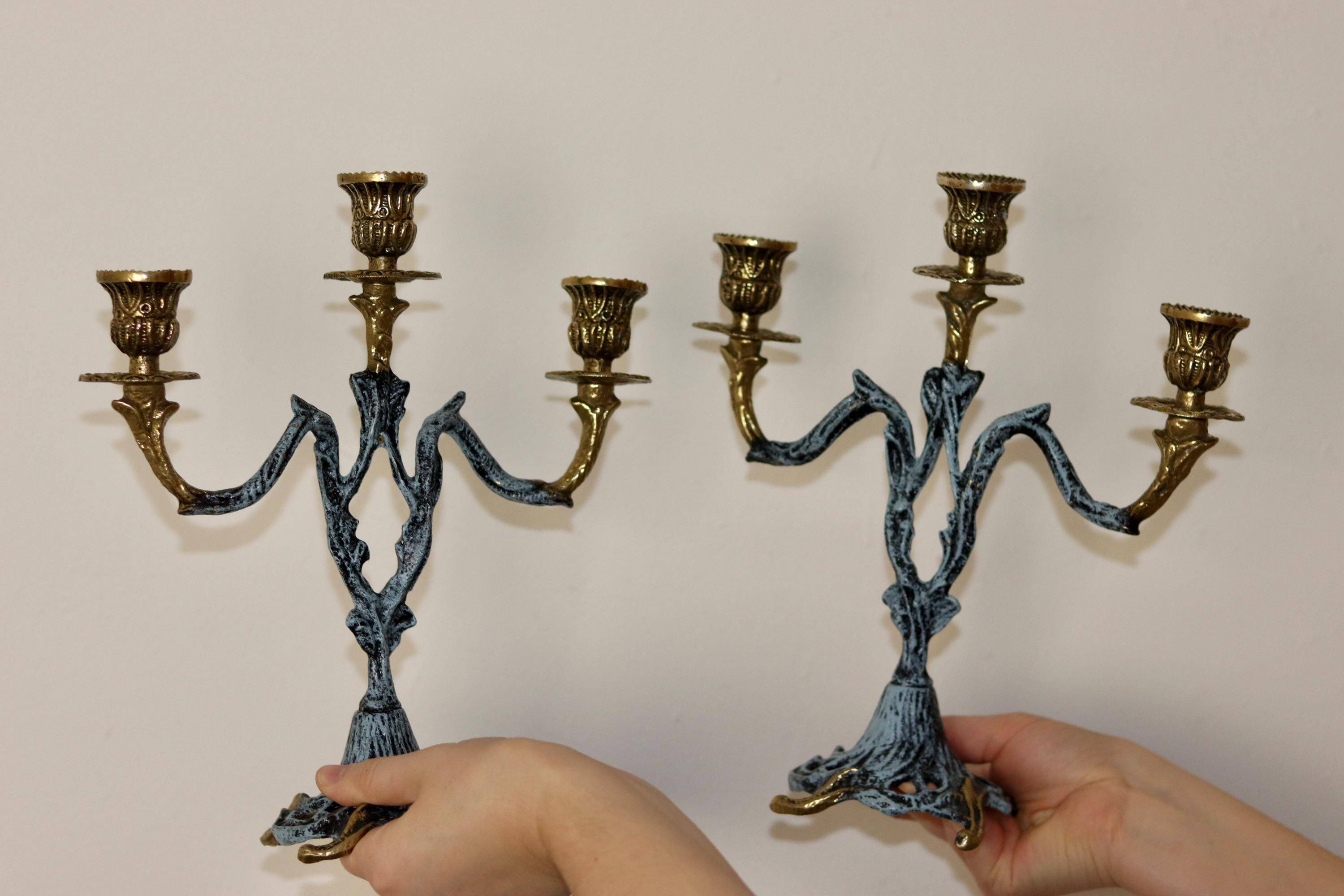 Brutalist Style Pair of Vintage Brass Candleholders