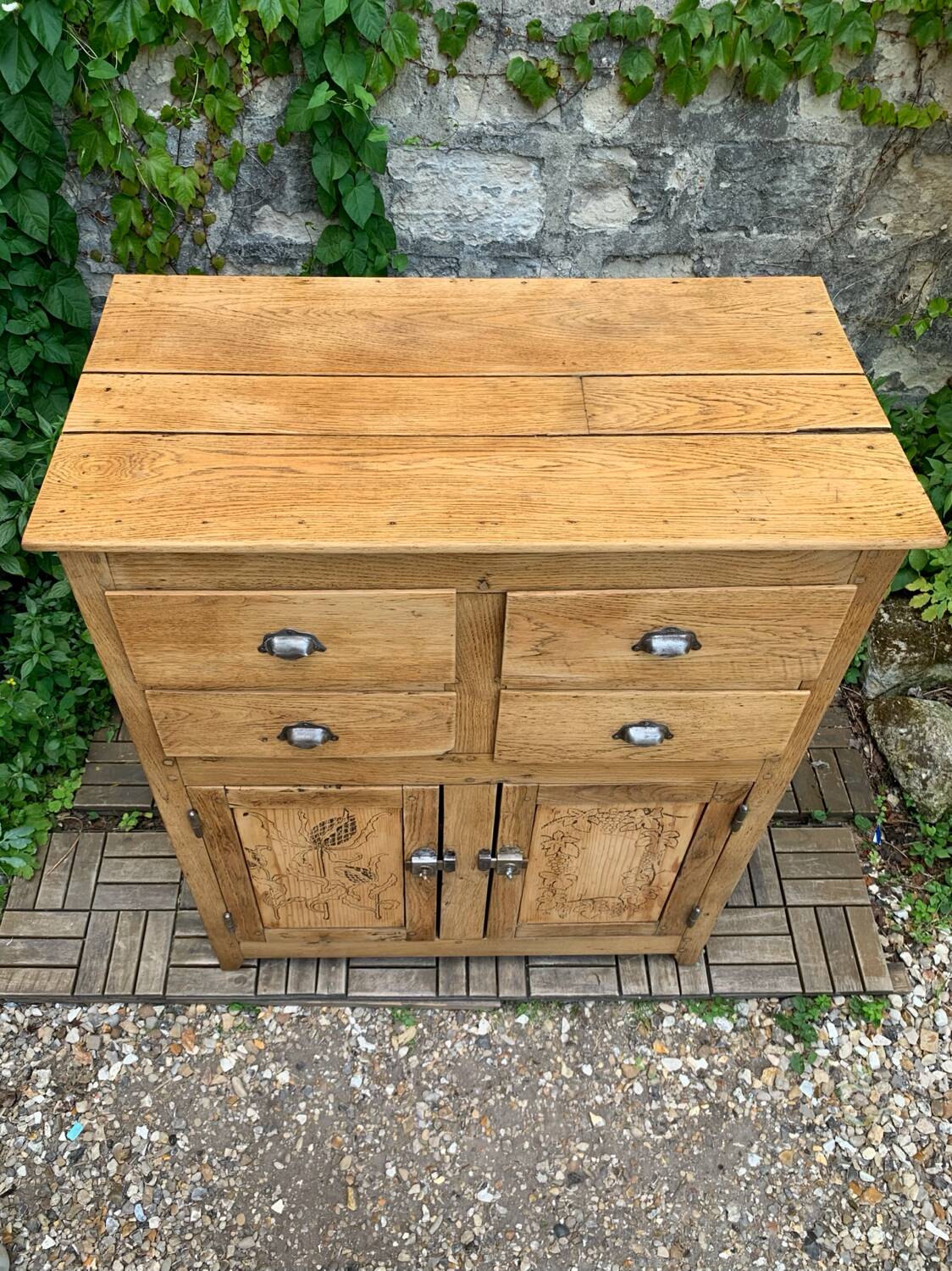 Parisian art deco sideboard in solid raw wood with pyrographed decorations, 1929