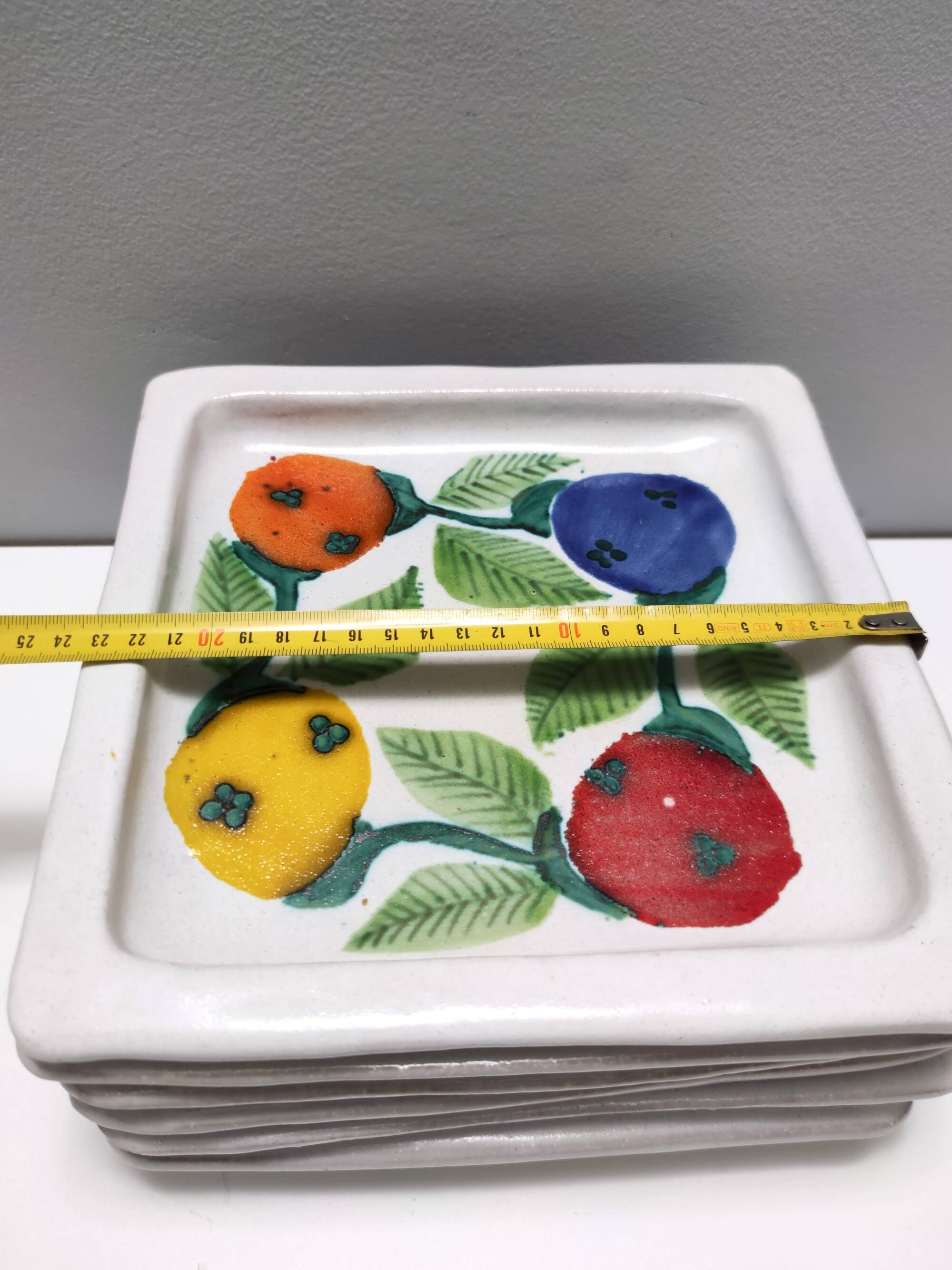 Set of Six Vintage Square Hand-Crafted Earthenware Plates by De Simone, Italy
