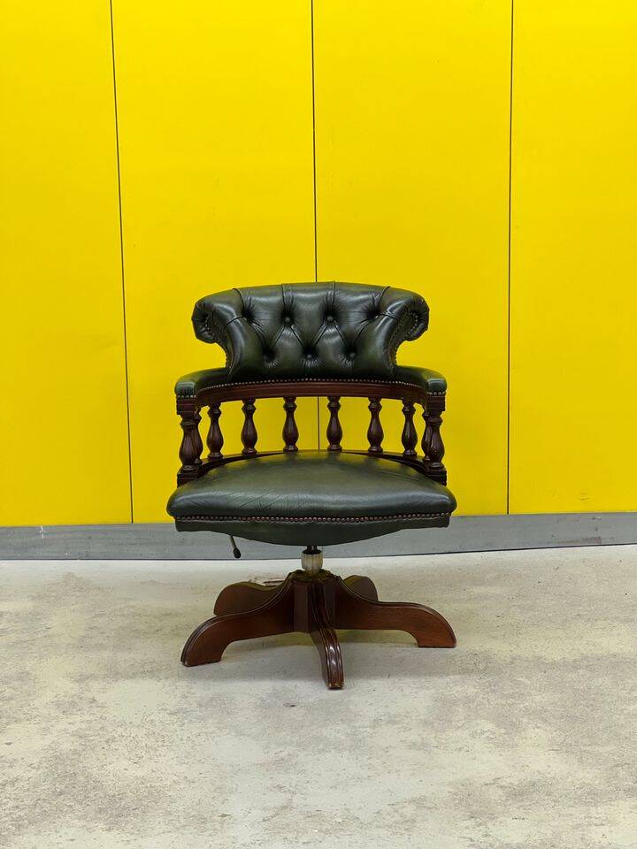 Chesterfield Revolving Captain's Chair with Green Leather Upholstery