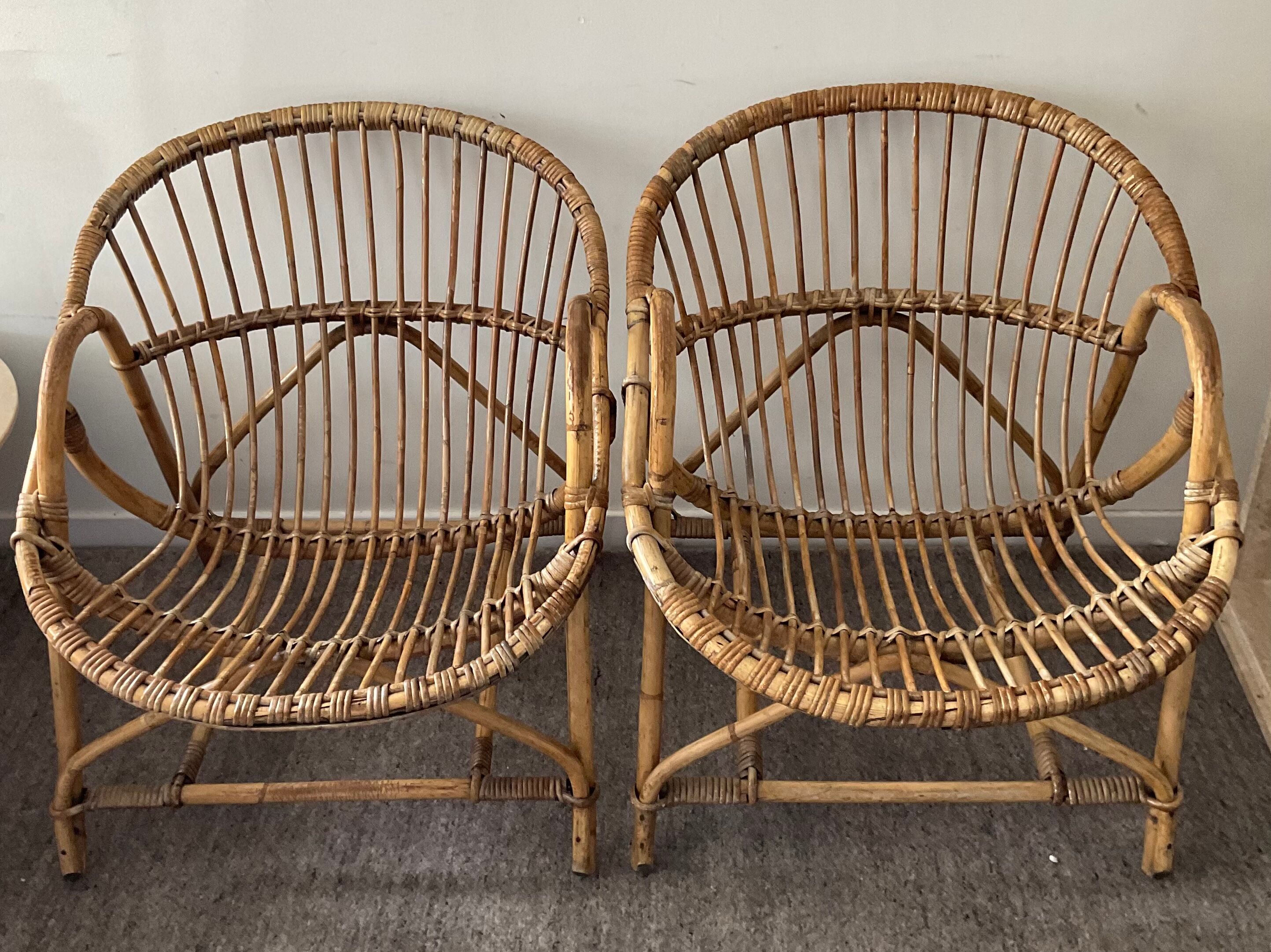 Pair of rattan shell armchairs from the 60s