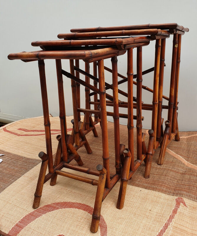 Lot of 4 bamboo pull out tables, Perret and Vibert 1900