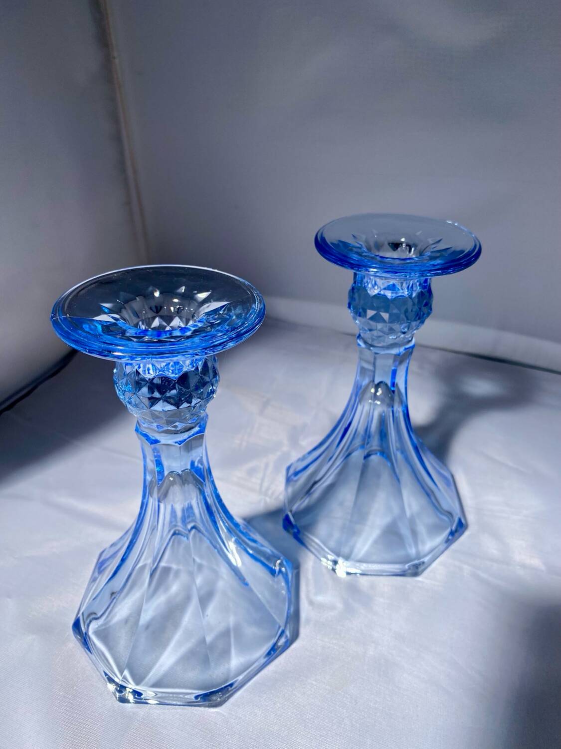 Pair of Jamestown blue Virginia candlesticks or vases by Fostori