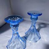 Pair of Jamestown blue Virginia candlesticks or vases by Fostori