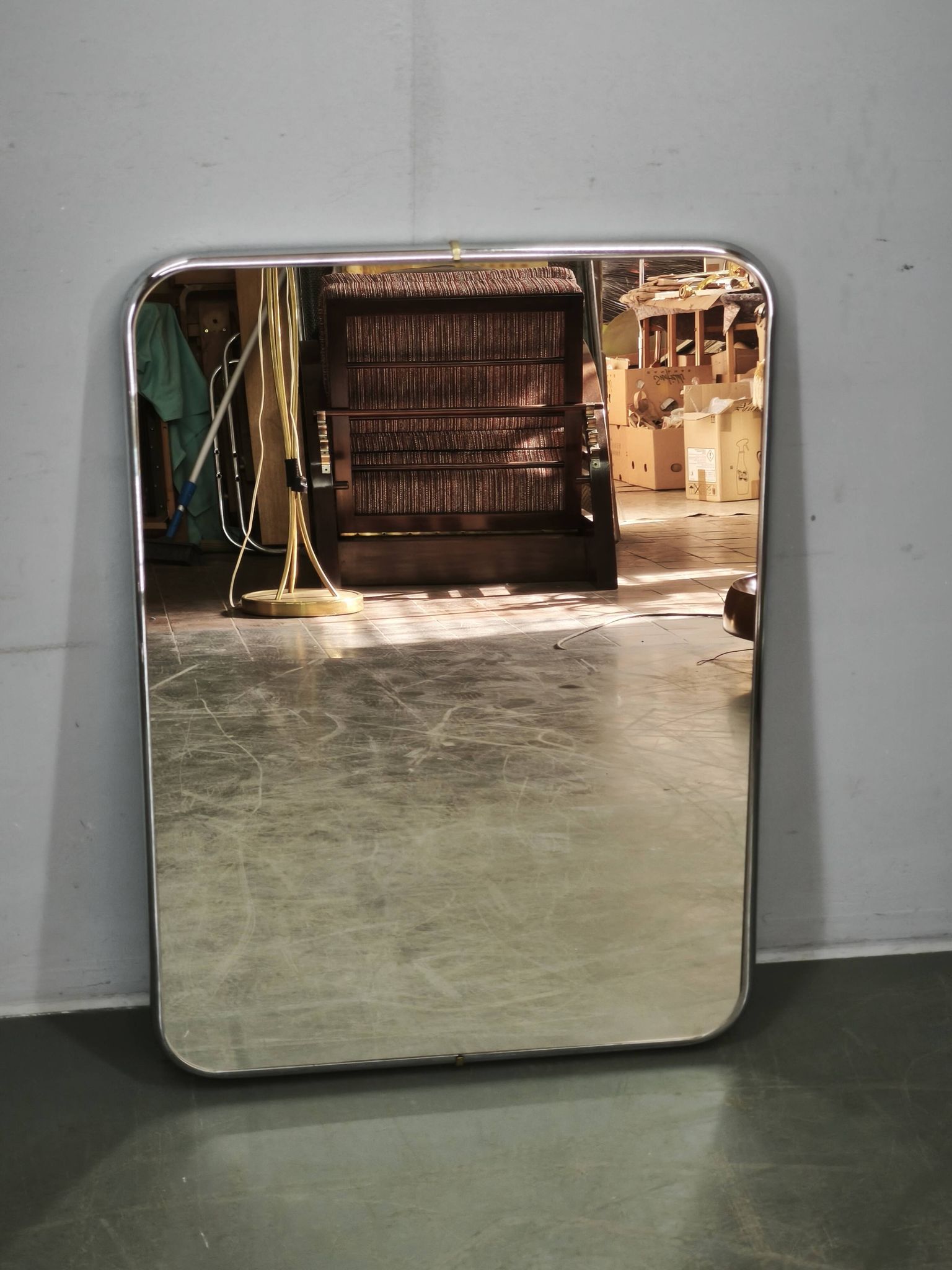 Italian Space Age Chrome and Brass Rectangular Wall Mirror, 1970s