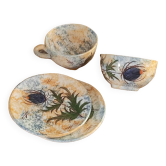 Aegitna Vallauris Hand Painted Enameled Ceramic Cups and Plates/Saucers with Thistle Motifs