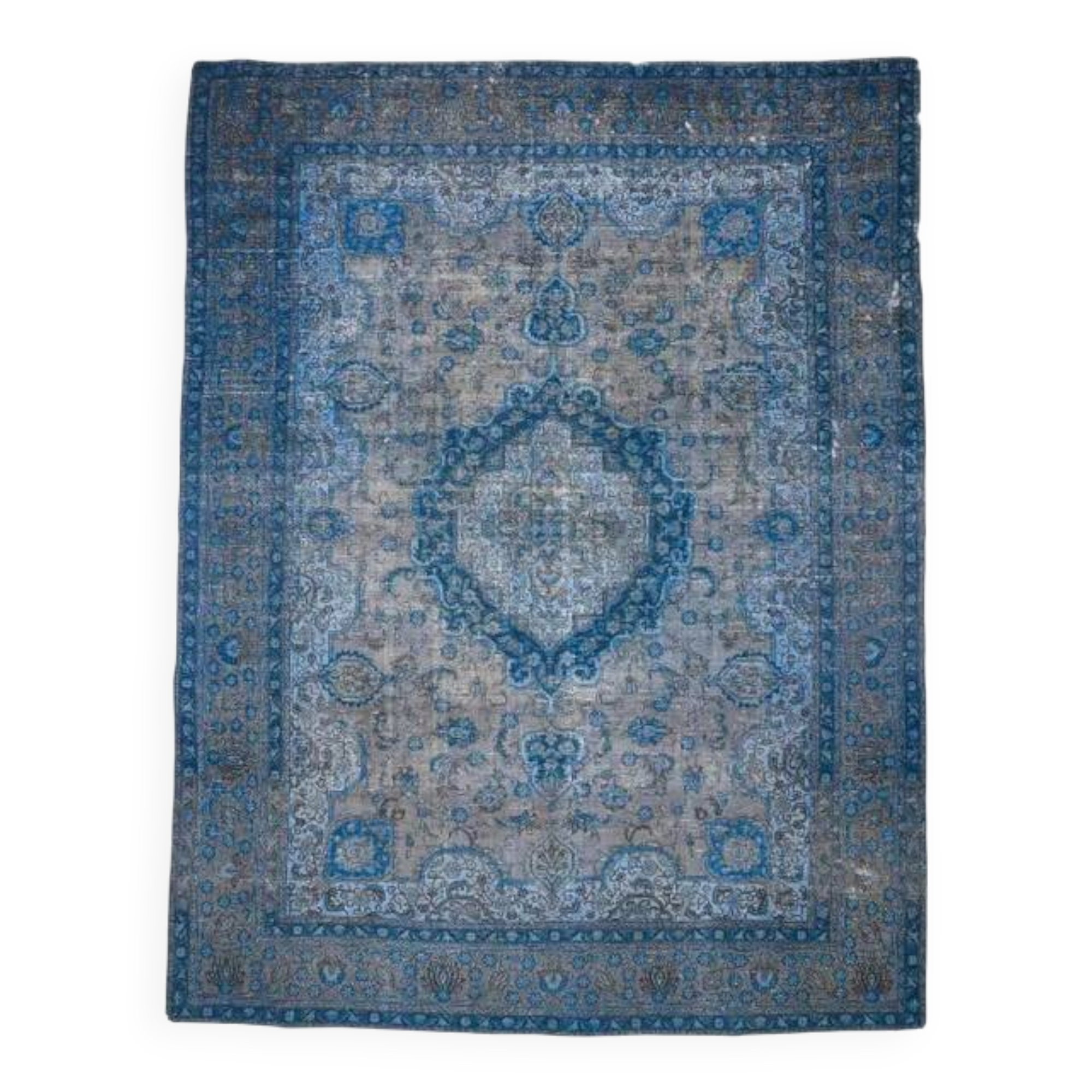 1970s Vintage Persian Handmade Wool Cotton Blue Area Rug 297x385