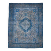 Tapis de zone vintage persan fait main en laine et coton bleu des années 1970 297x385