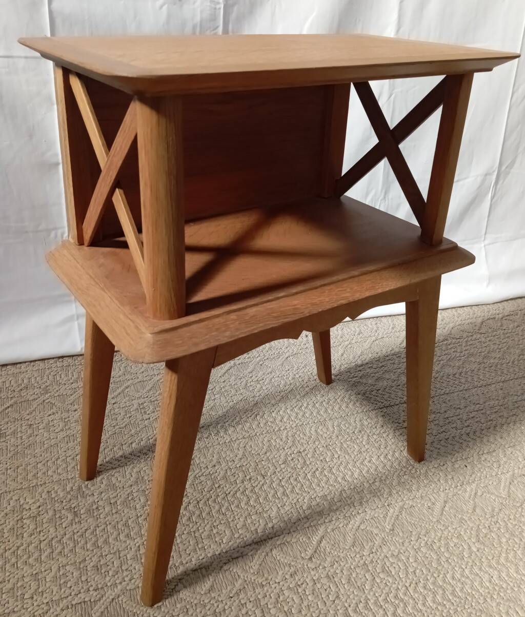 1950s oak bedside table with crossbars