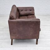 Années 1970, canapé classique danois 2 places, cuir marron d'origine.