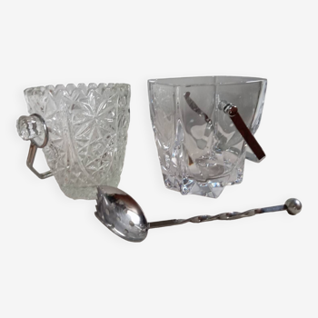 Duo of crystal ice buckets, silver metal, vintage