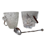 Duo of crystal ice buckets, silver metal, vintage