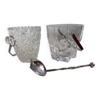 Duo of crystal ice buckets, silver metal, vintage