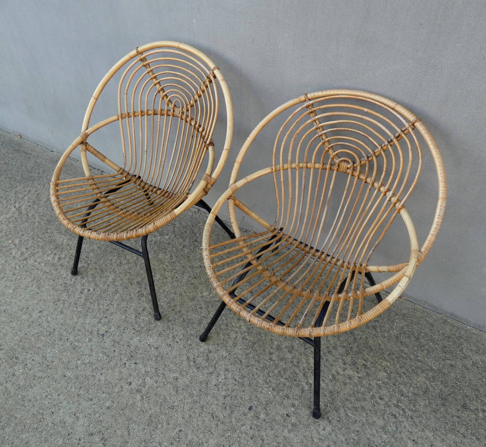 Rohe Noordwole 1950 vintage rattan and metal shell chairs