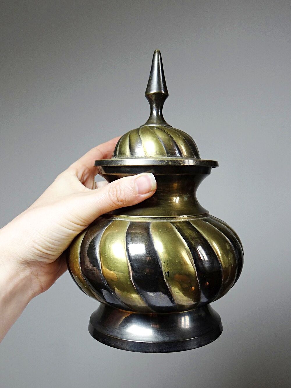 Twisted brass covered pot, vintage Indian craftsmanship from the 60s-80s.