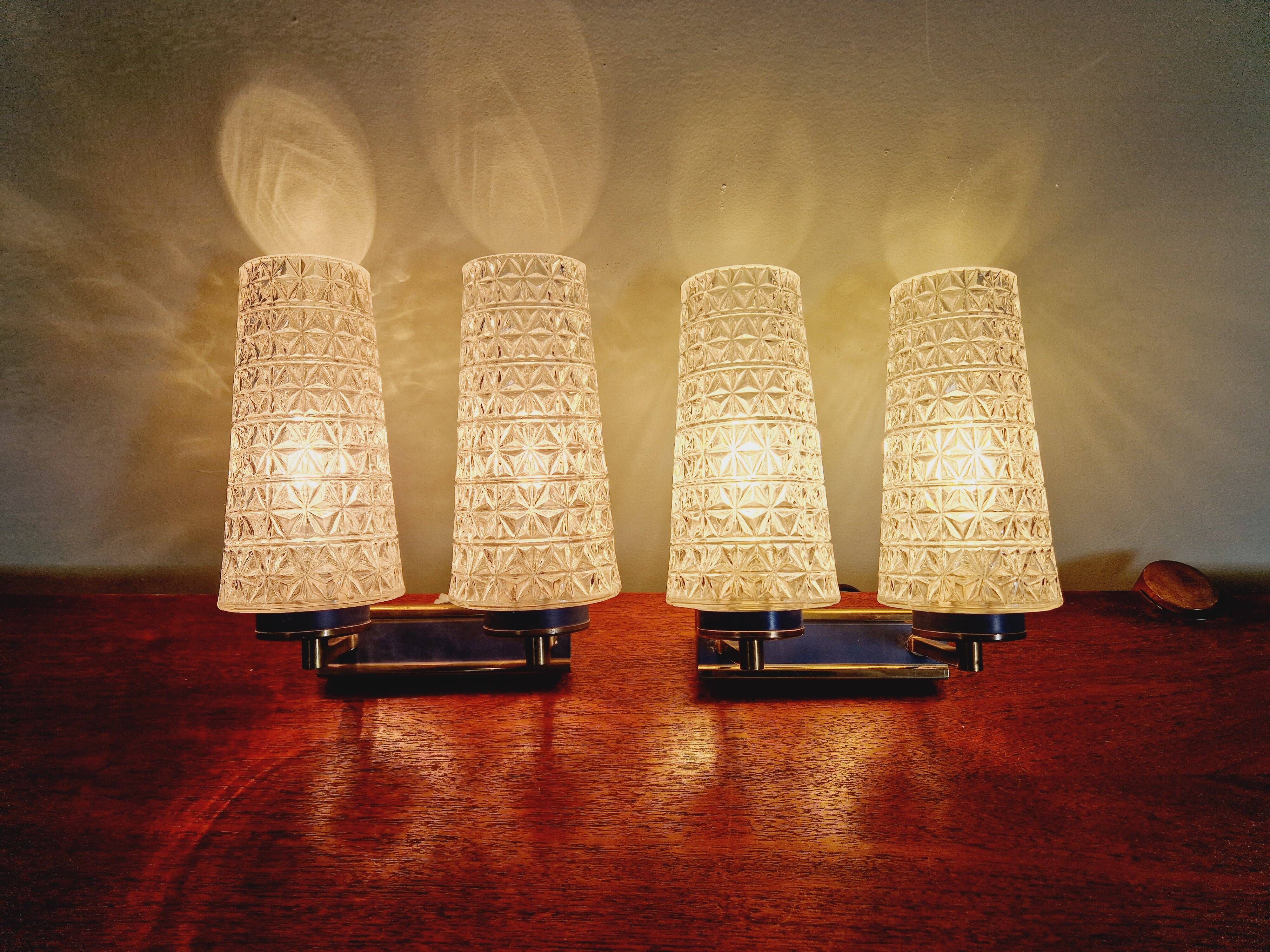 Pair of double wall lights in glass and blue lacquered metal, 1950s-60s
