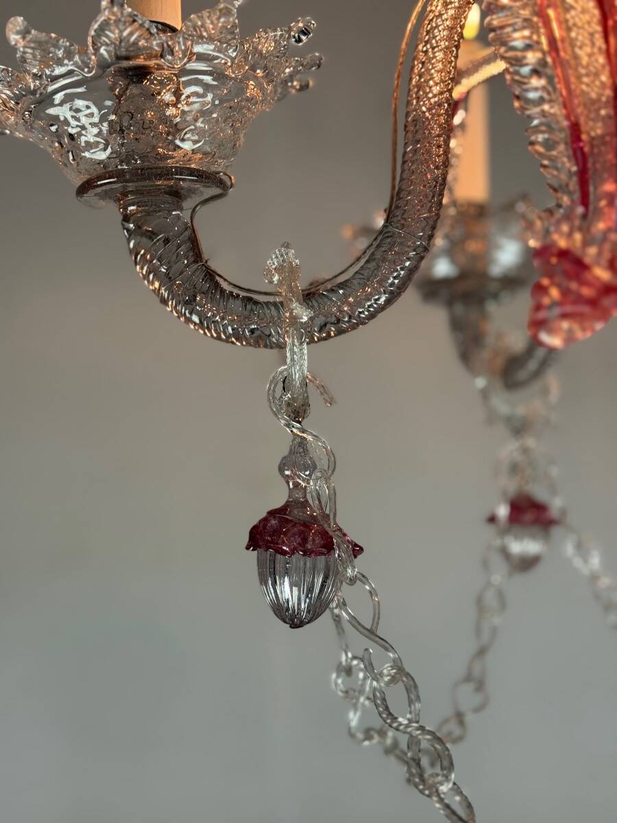 Venetian chandelier in colorless and red Murano glass, 5 light arms