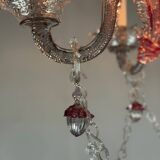 Venetian chandelier in colorless and red Murano glass, 5 light arms